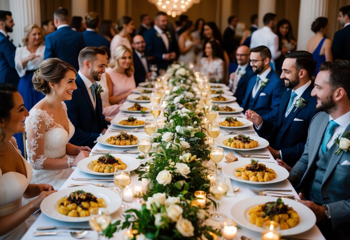 A beautifully decorated banquet table with an array of delicious dishes and elegant serving platters, surrounded by guests mingling and enjoying the wedding celebration