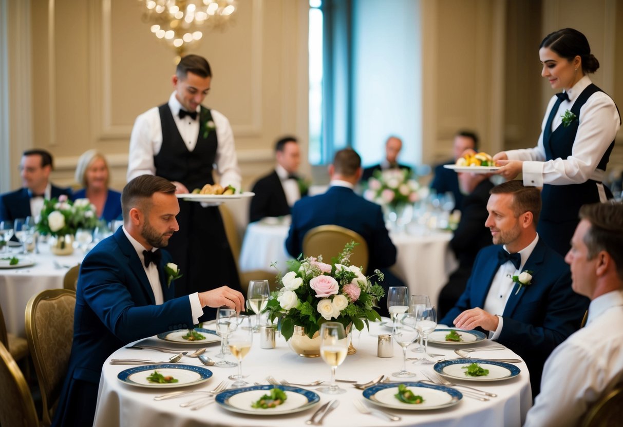 A banquet hall with elegant tables set with fine china and silverware, adorned with floral centerpieces. Wait staff serving plated meals to guests seated at the tables