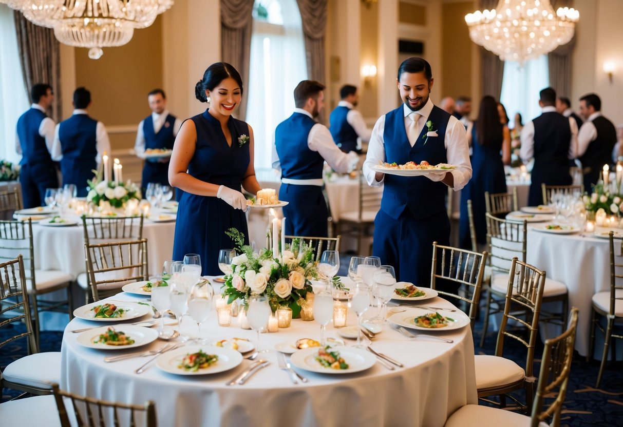 A beautifully decorated banquet hall with tables set for a wedding meal, adorned with elegant centerpieces and place settings. Servers are busy arranging plates of food while guests chat and mingle