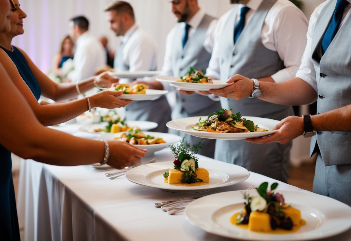 Food being served at a wedding reception, with elegant plating and serving staff attending to guests