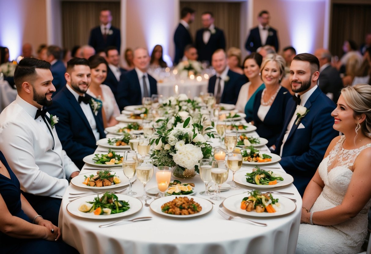 A banquet table with elegant place settings and a variety of dishes, surrounded by guests in formal attire at a wedding reception