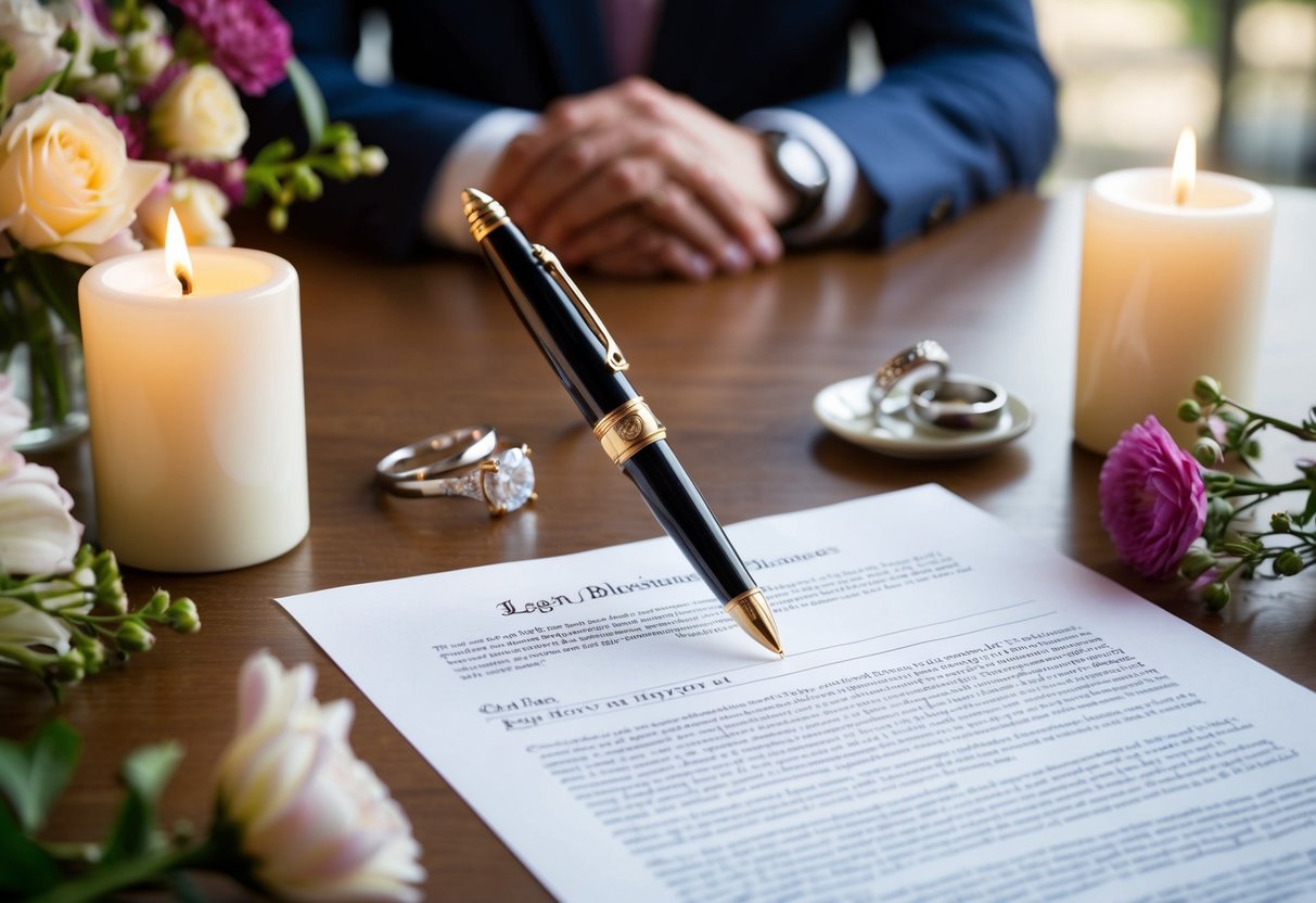 An ornate pen hovers over a legal document on a table, surrounded by flowers and candles, as a couple's rings sit nearby