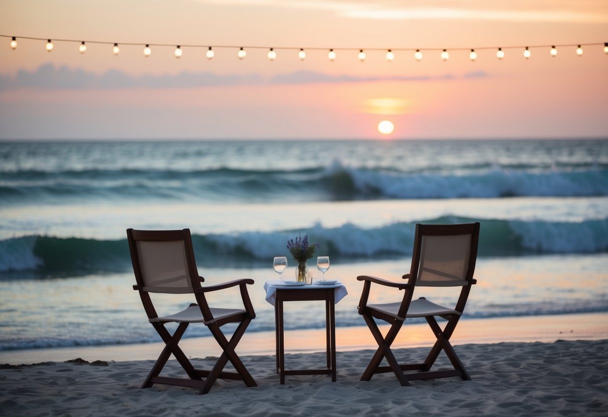A serene beach at sunset, with two chairs and a small table set for a romantic dinner, surrounded by twinkling lights and the sound of crashing waves