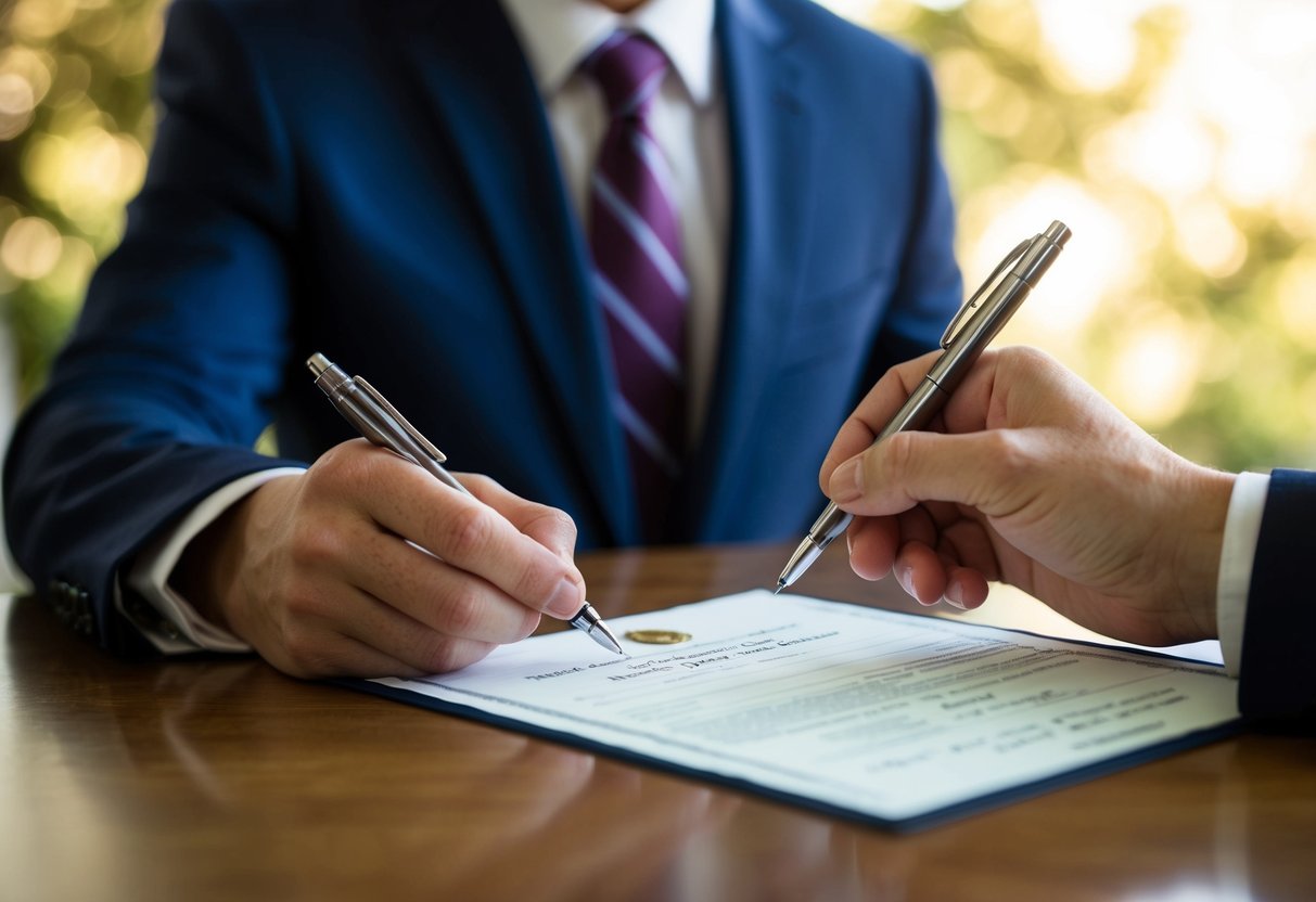 A pair of hands holding a pen poised over a marriage license on a table