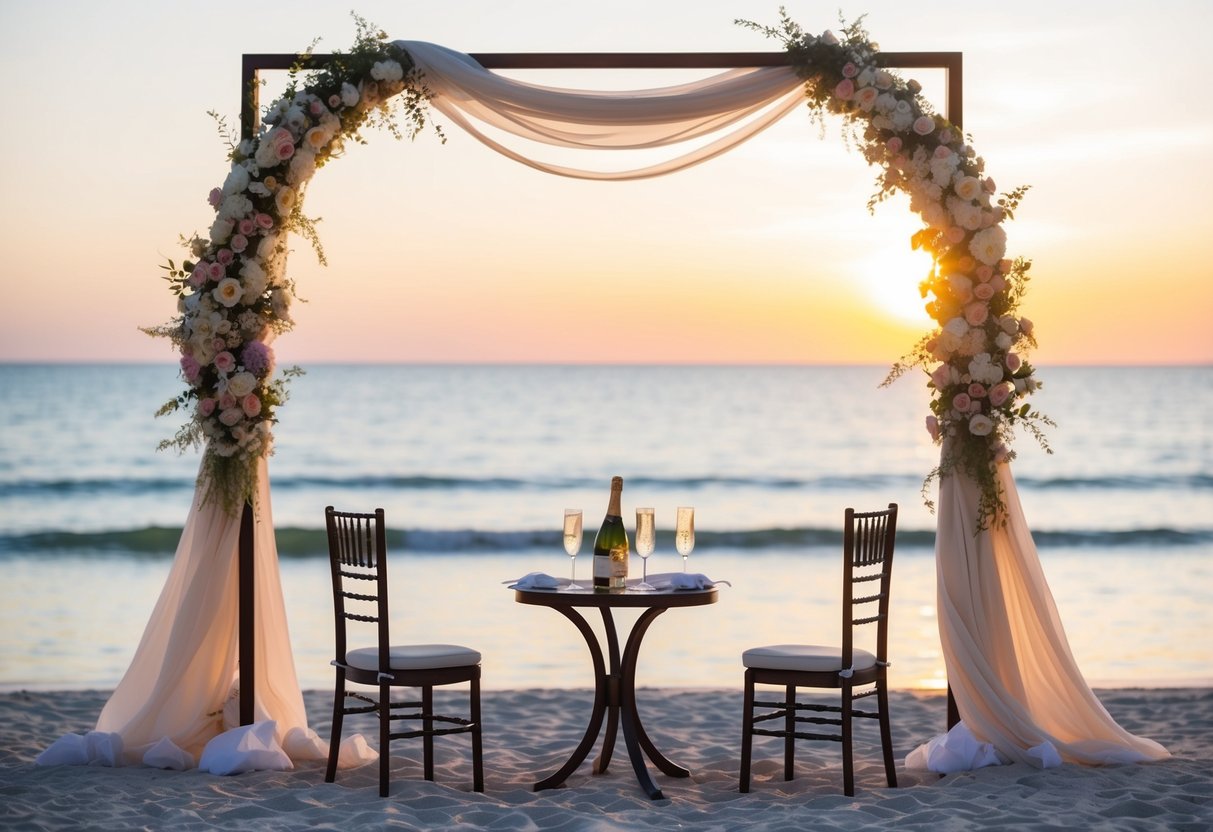 A serene beach at sunset, with an arch adorned with flowers and flowing fabric. A small table set for two, with candles and champagne