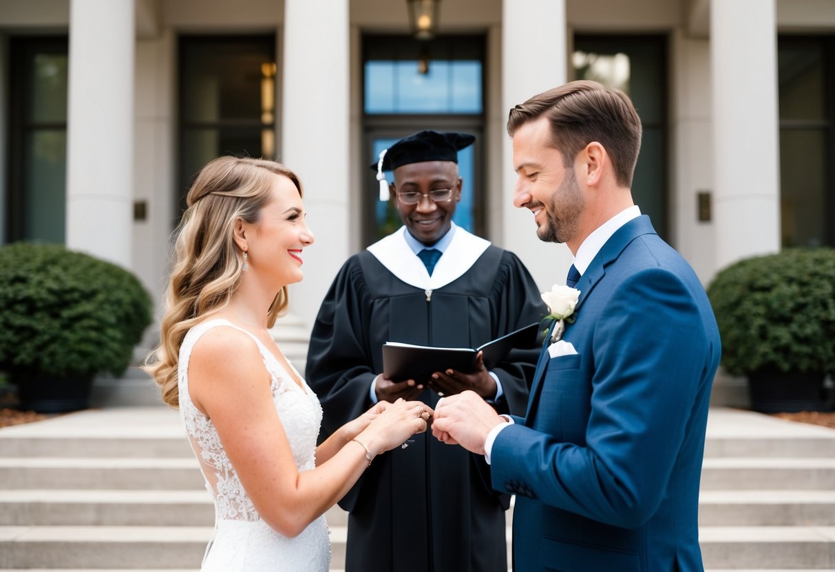 A couple standing before a courthouse, exchanging rings in front of an officiant
