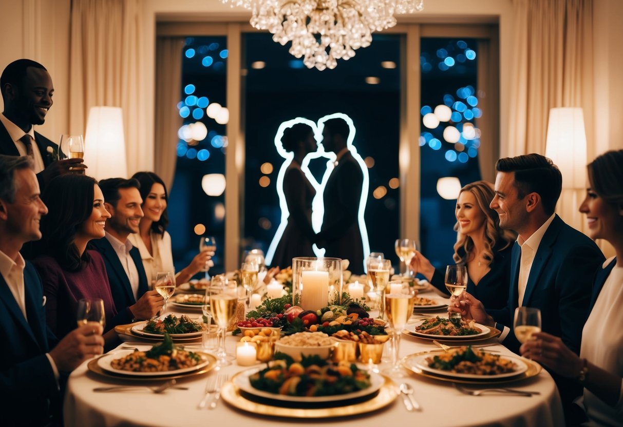 A couple's silhouette at a table with a lavish spread of food and drinks, surrounded by family and friends in a festive atmosphere