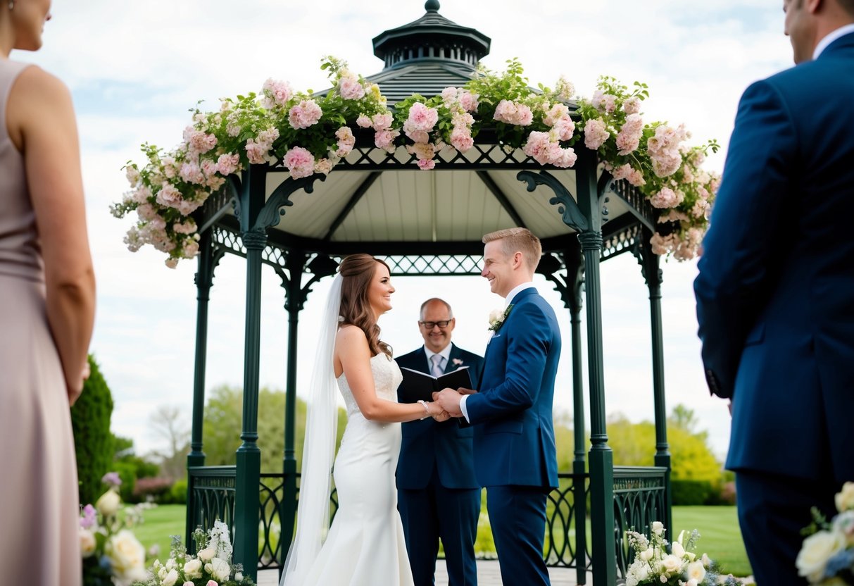 A couple exchanging vows under a blooming, open-air garden gazebo