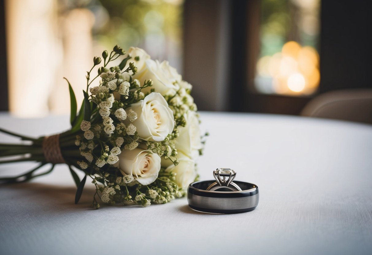 A wedding ring beside a bouquet of flowers on a table