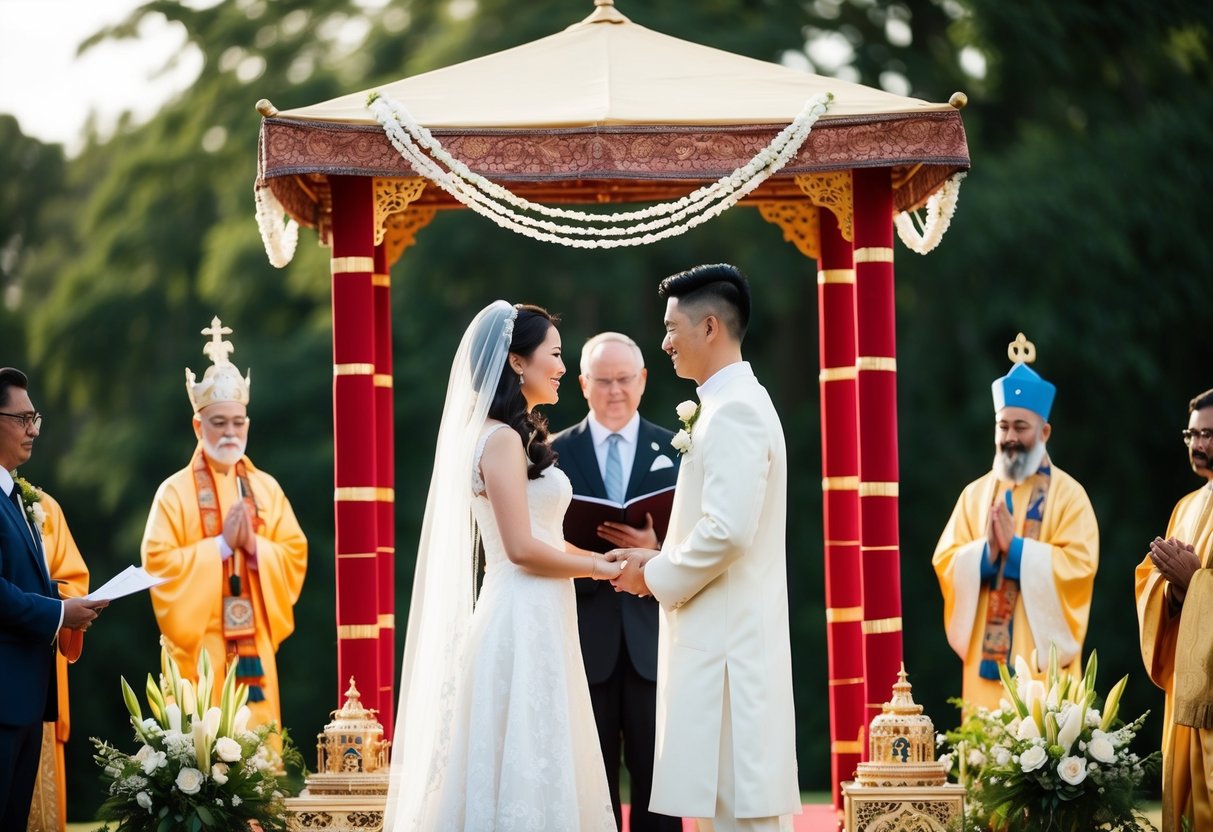 A couple exchanging vows under a traditional wedding canopy in an outdoor setting, surrounded by symbolic cultural and religious elements