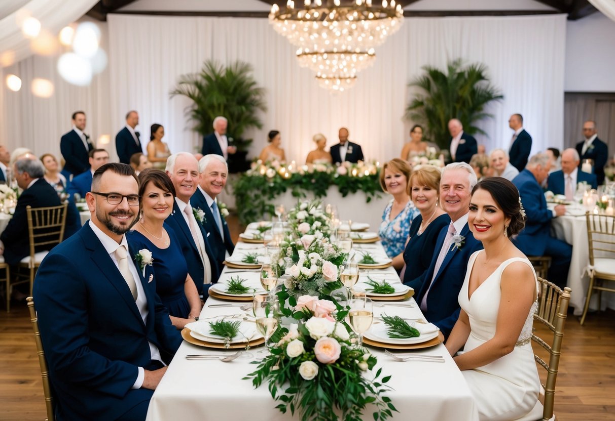A couple and their families seated at a beautifully decorated reception dinner table, with the bride and groom's families contributing to the cost