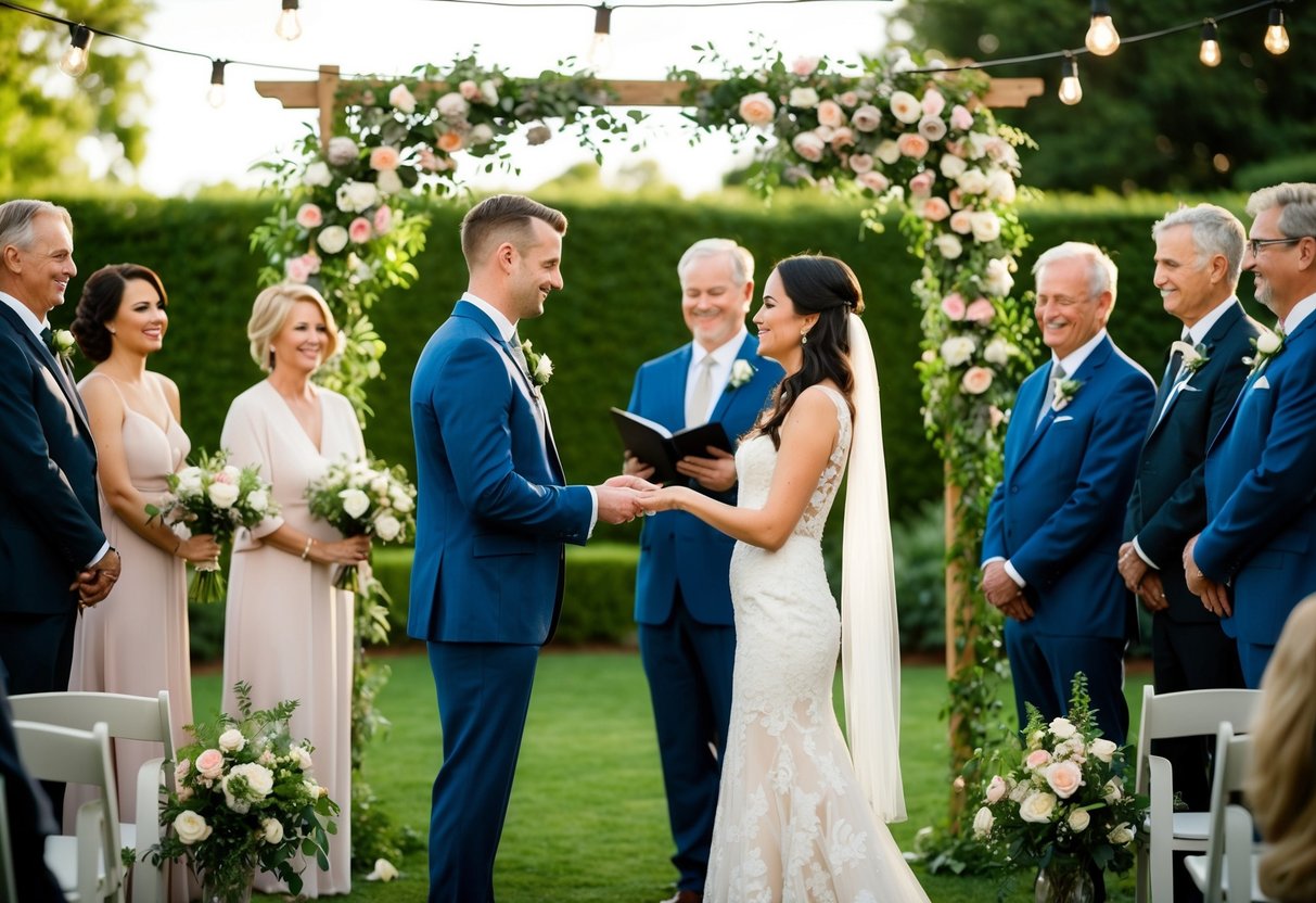 A couple exchanging vows in a lush garden with a floral arch and hanging lights, surrounded by family and friends
