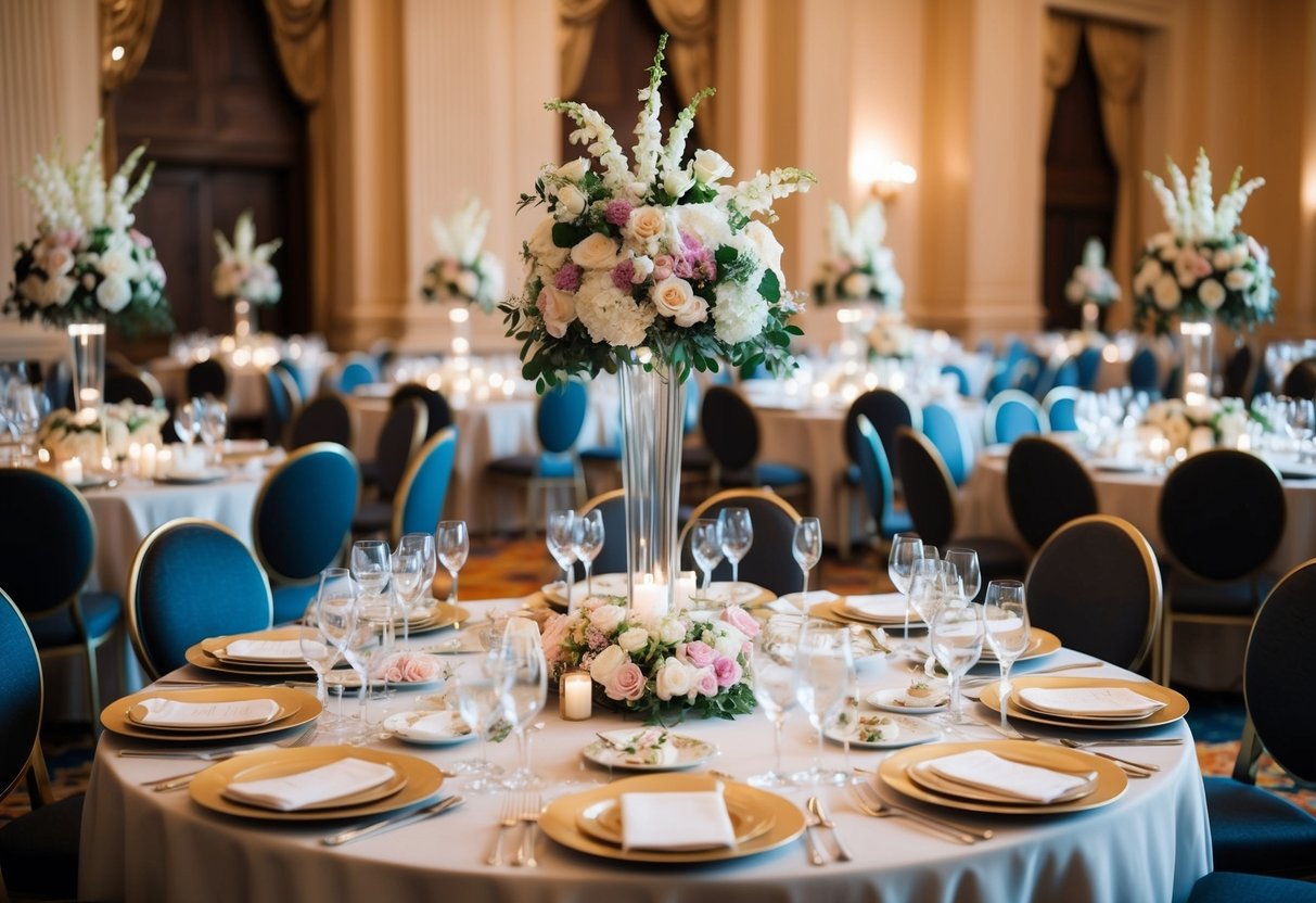 A lavish banquet table, adorned with elegant dishes and floral centerpieces, awaits guests in a grand ballroom