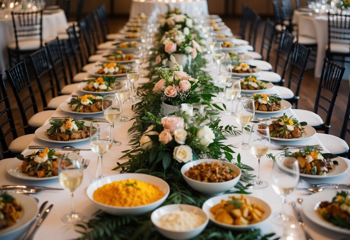 A long banquet table covered in an array of dishes, surrounded by chairs and adorned with elegant table settings and floral centerpieces