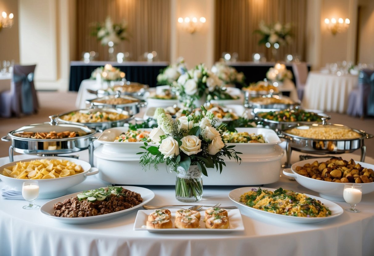 A wedding buffet set up with a variety of food stations, elegant table settings, and floral centerpieces