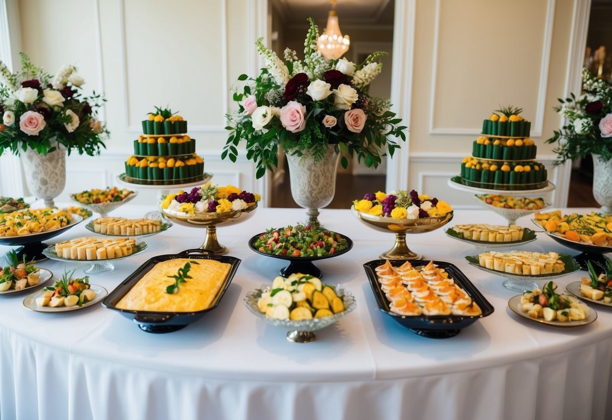 A beautifully arranged buffet table with an assortment of elegant dishes, decorative platters, and floral centerpieces