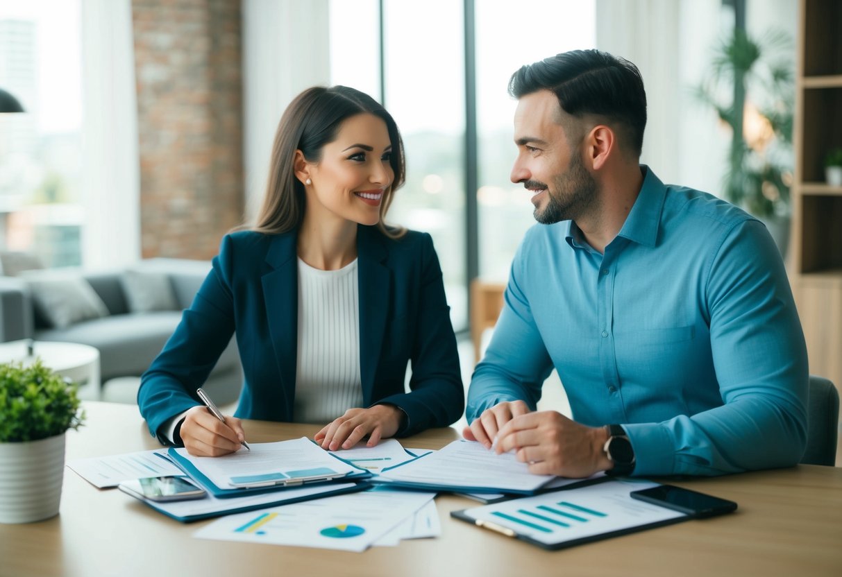 A couple sitting at a table with financial documents spread out, discussing and planning their finances together