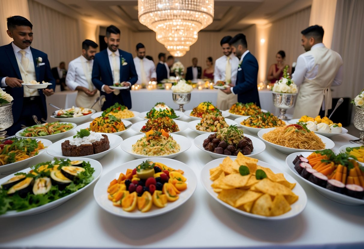 A well-organized buffet at a wedding reception, with a variety of delicious and visually appealing dishes, surrounded by attentive staff and elegant decor