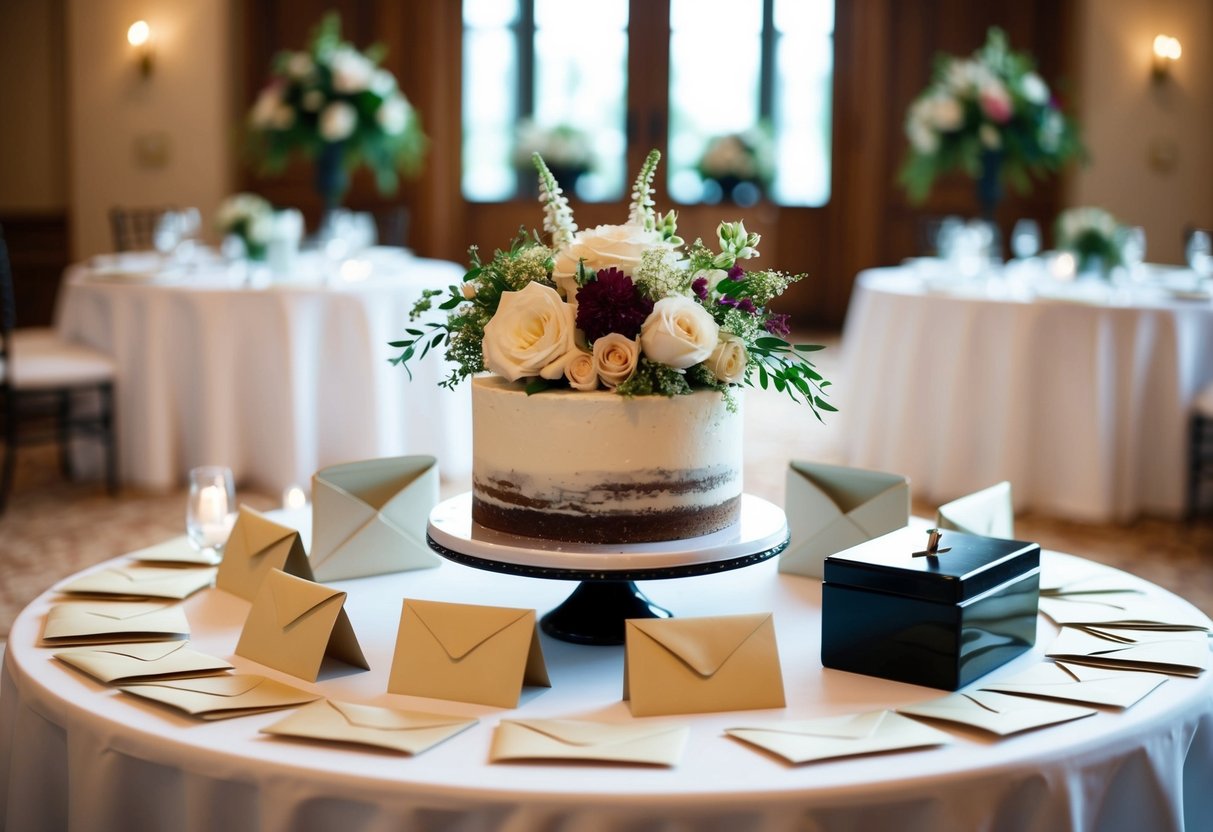 A table with a wedding cake, flowers, and decorations, surrounded by envelopes and a cash box