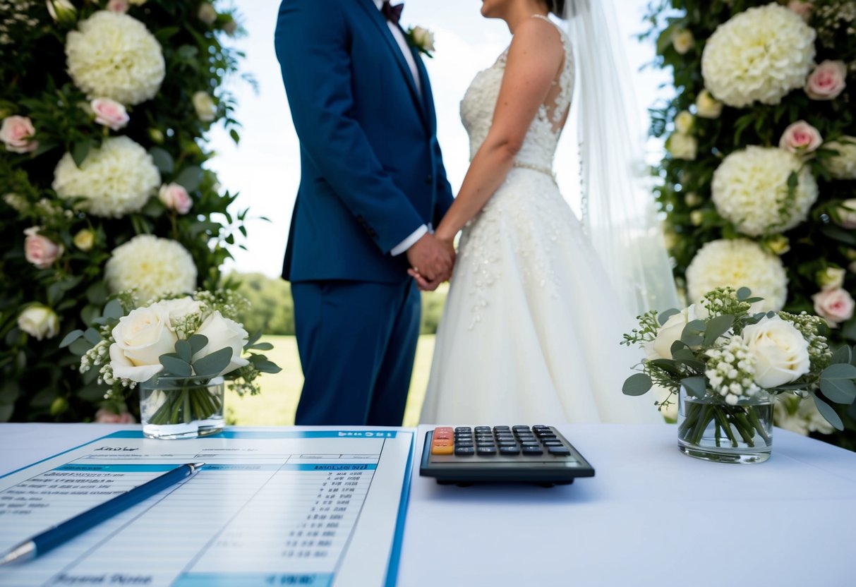 A bride and groom stand facing each other, surrounded by flowers and decorations. A table displays a budget spreadsheet and a calculator