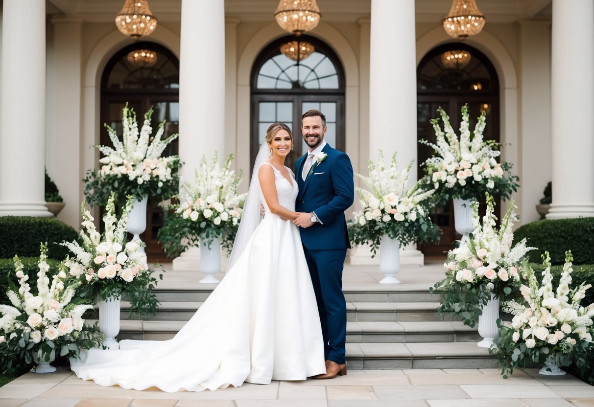 A bride and groom standing in front of a grand wedding venue, surrounded by elegant decorations and floral arrangements
