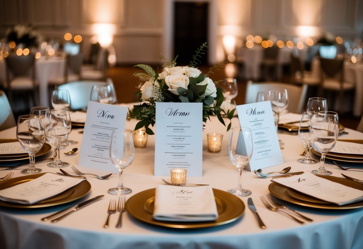 A table set with multiple place settings and menus for a wedding reception