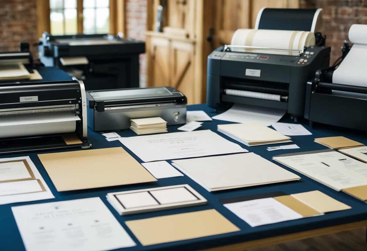 A table with various paper samples, printing equipment, and design sketches for a wedding invitation for 100 people