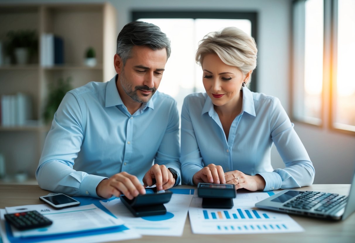 A married couple at 40, surrounded by financial documents and calculators, pondering investment options with a mix of concern and determination