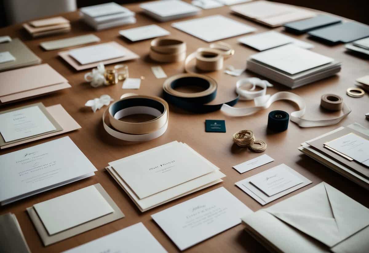A table scattered with various paper samples, ribbons, and decorative elements for wedding invitations