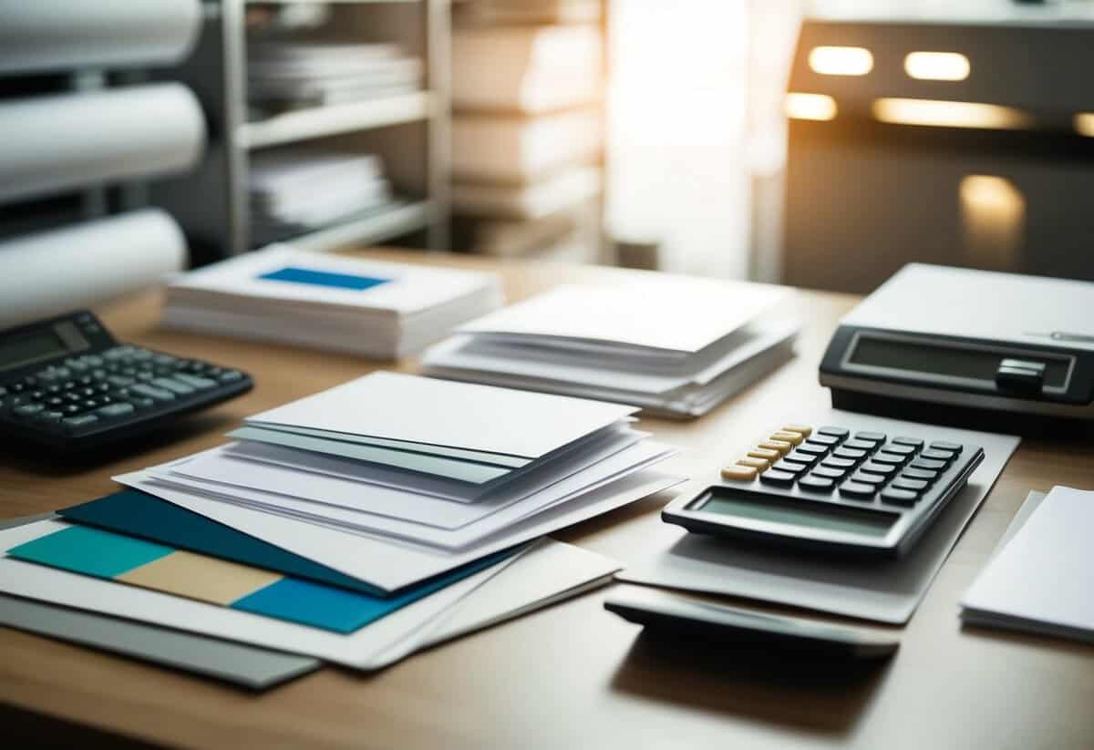 A table with various paper samples, printing equipment, and a calculator