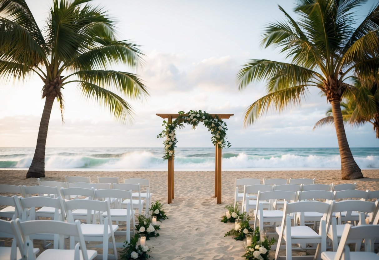A serene beach with a simple wooden arch and white chairs set up for a wedding ceremony, surrounded by palm trees and the sound of crashing waves