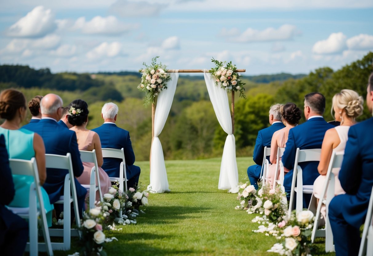 A small outdoor wedding ceremony with a simple arch, flowers, and seating for guests, set against a picturesque natural backdrop