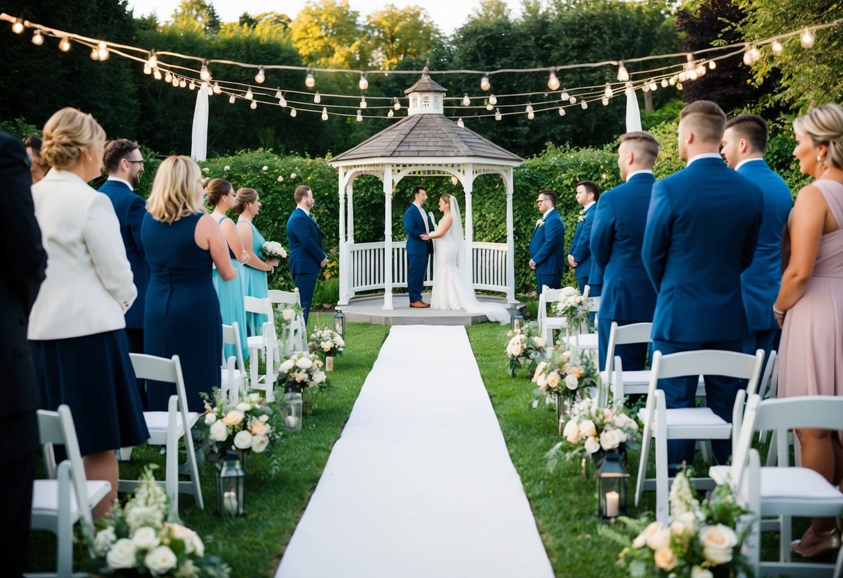 A wedding ceremony set in a garden with a gazebo, flowers, and string lights, surrounded by essential service and vendor-themed decor