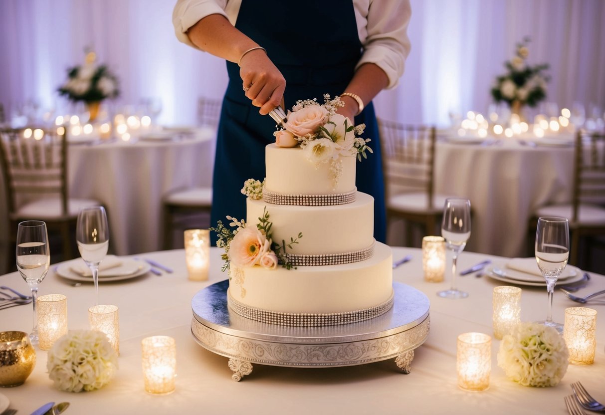 A wedding cake being decorated with intricate details and delicate flowers, surrounded by twinkling lights and elegant table settings