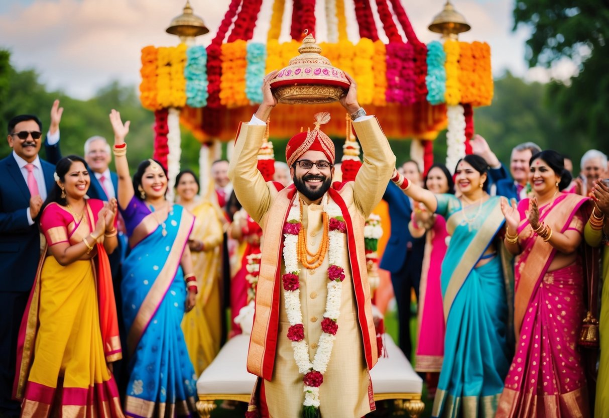 A colorful and vibrant Indian wedding ceremony with traditional decorations, ornate mandap, and joyful guests celebrating