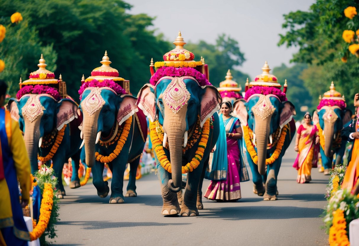 A colorful Indian wedding procession with decorated elephants, horses, and ornate vehicles, surrounded by vibrant flowers and traditional music