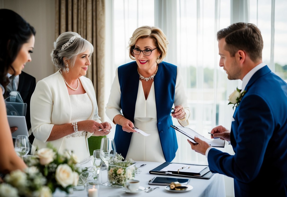 The groom's mother organizes wedding details with a wedding planner