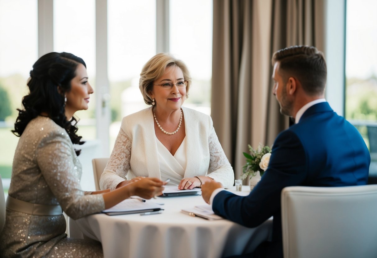 The groom's mother sits at a table with a wedding planner, discussing financial aspects and making contributions to plan the wedding