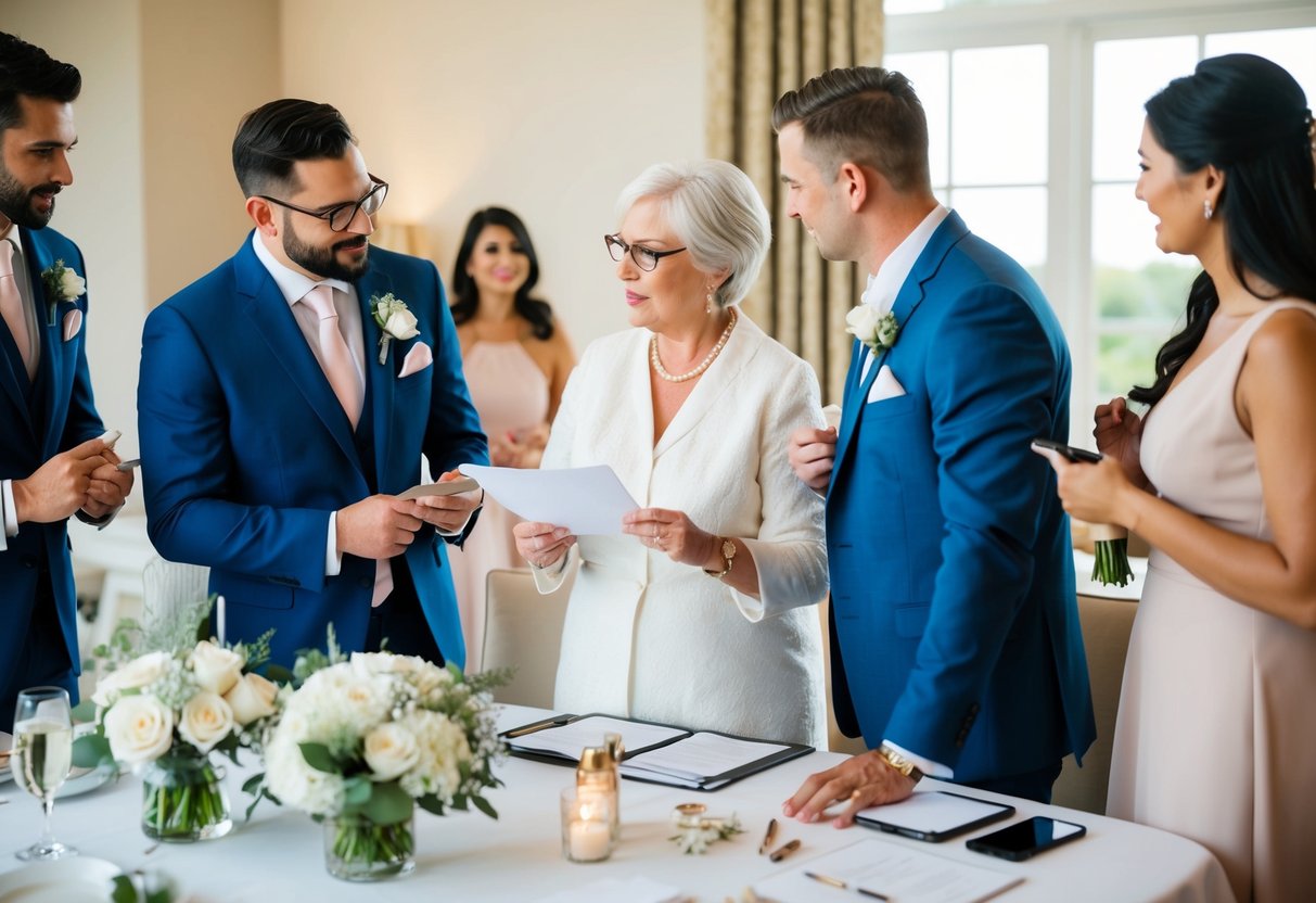 The groom's mother actively participates in wedding planning, discussing details with the couple and vendors