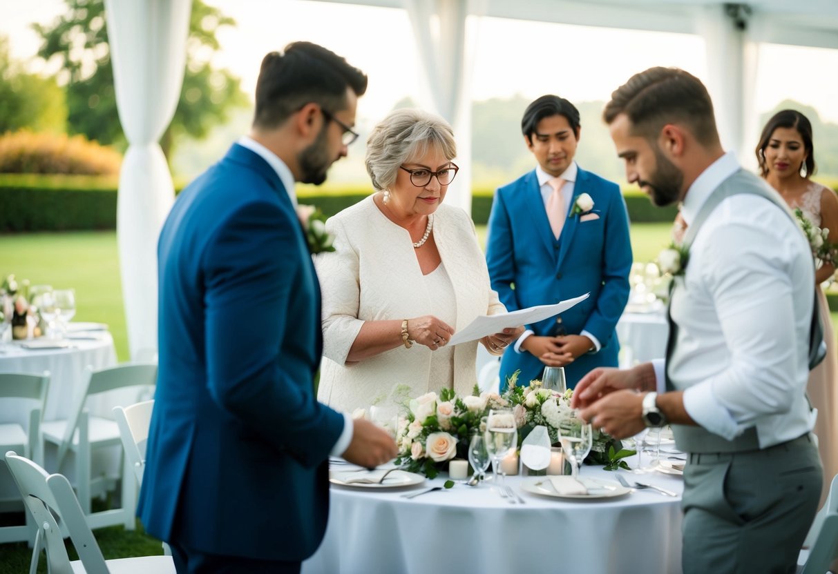 The groom's mother organizes a post-wedding event, coordinating with vendors and arranging seating arrangements