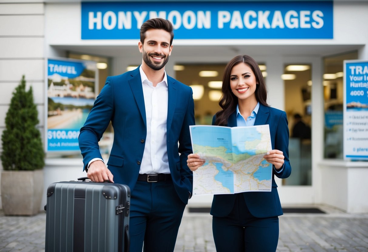 A man holding a suitcase and a woman holding a map, standing in front of a travel agency with a sign advertising honeymoon packages