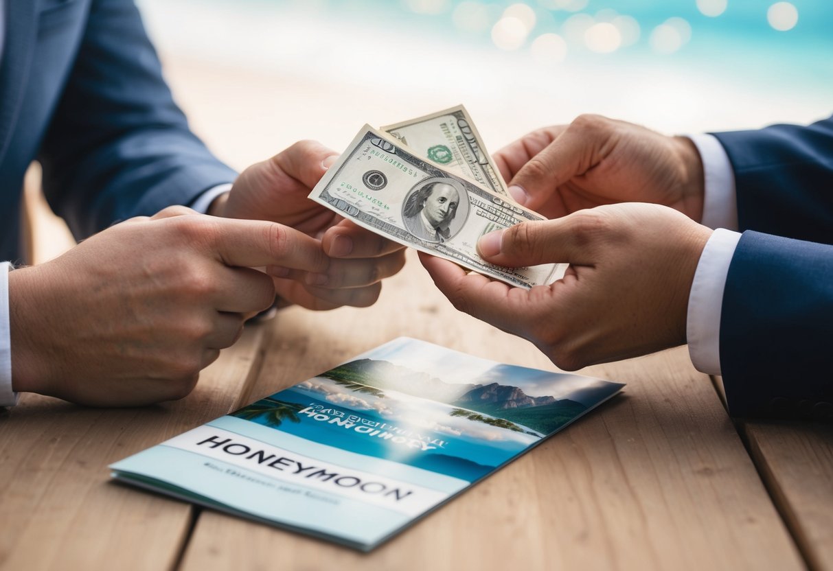 A couple's hands exchanging money and a travel brochure for a honeymoon