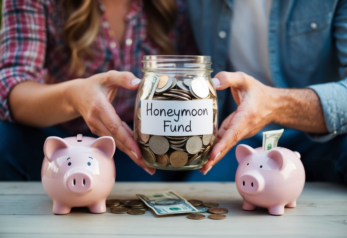 A couple's hands hold a jar filled with coins and bills, labeled "honeymoon fund." A piggy bank sits nearby, with a slot for additional contributions