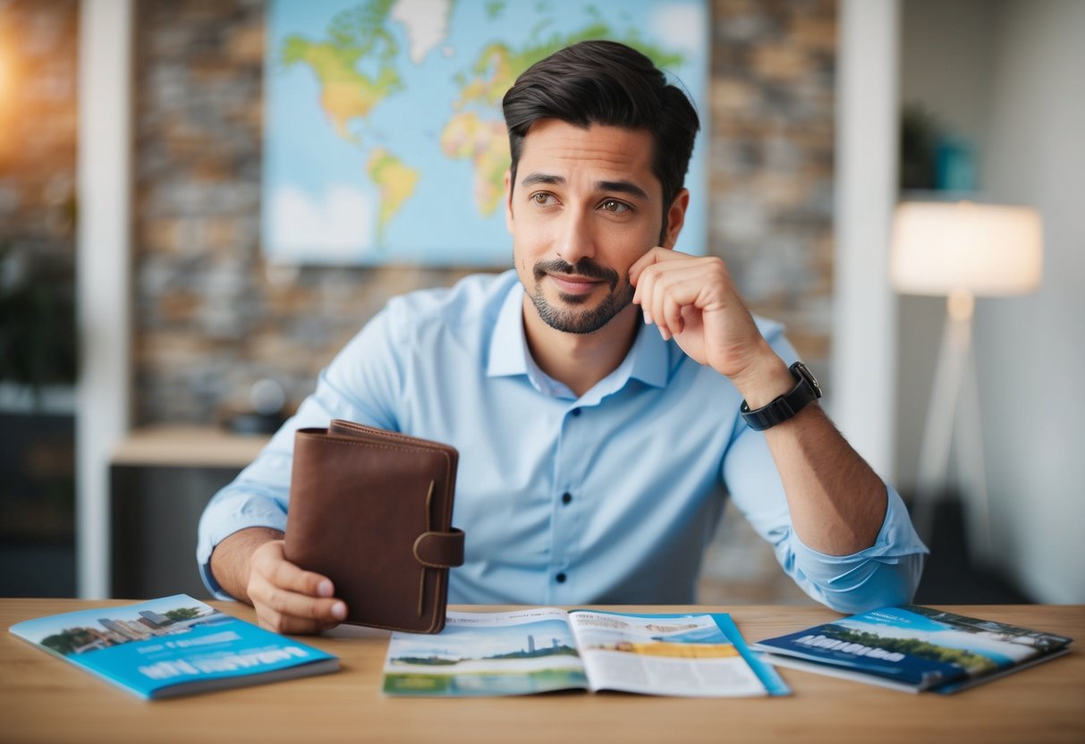 A man holding a wallet, surrounded by travel brochures and a map, with a thoughtful expression on his face