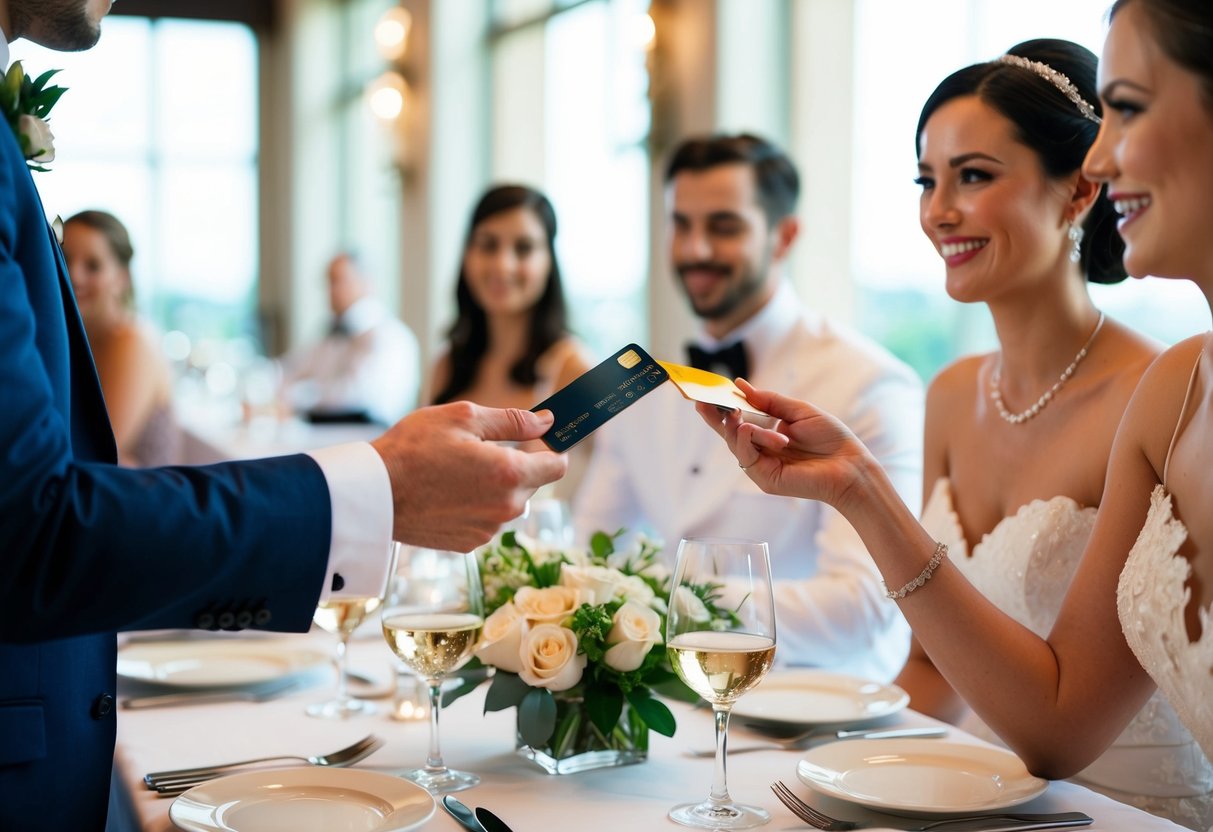 A groom's hand passes a credit card to a waiter at a fancy restaurant. A bride smiles as they pay for their wedding dinner