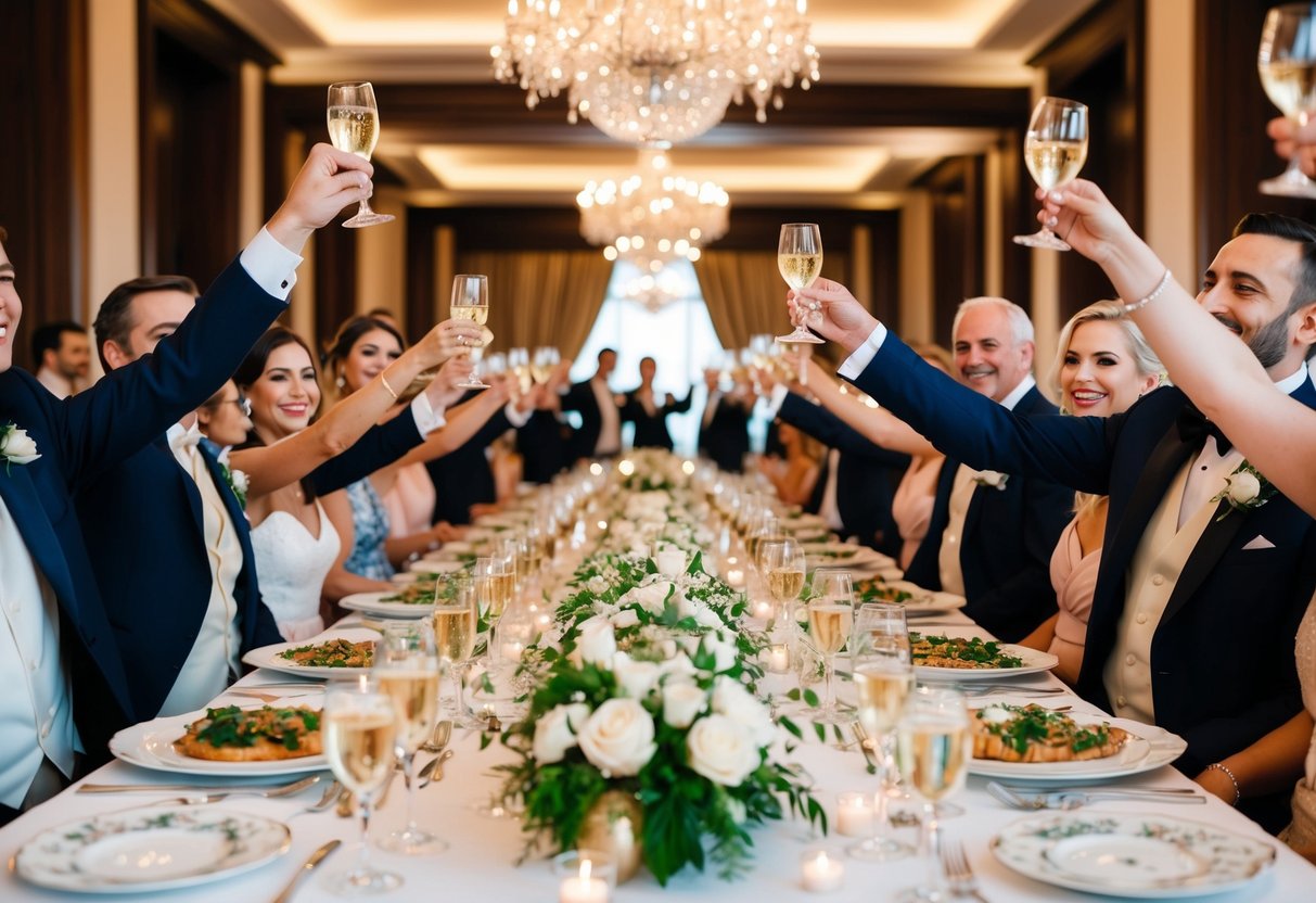 A lavish wedding banquet with elegant table settings and a grand feast laid out, surrounded by joyful guests raising their glasses in celebration