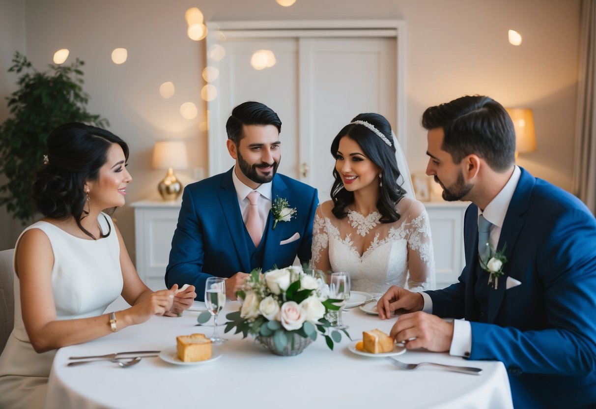 A couple and their families discussing wedding expenses at a dining table