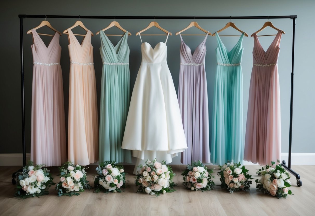 Seven dresses hanging on a rack, each in a different shade of pastel, with matching bouquets laid out in front
