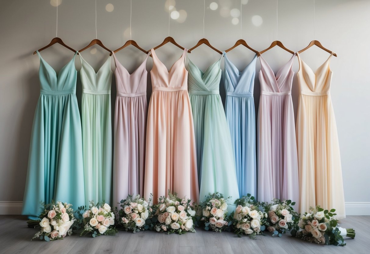 Seven elegant dresses in varying shades of pastel, arranged in a cascading formation, with delicate bouquets laid out in front