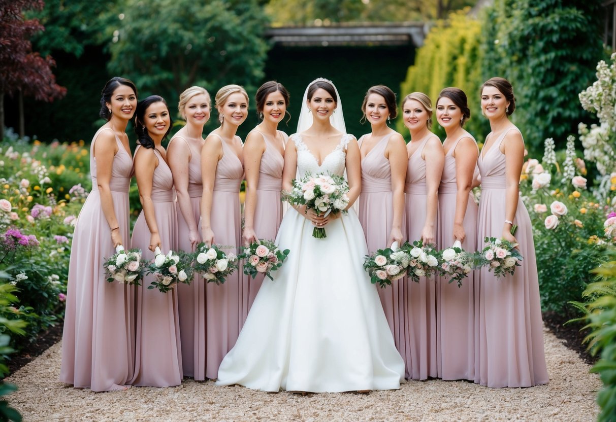 A bride surrounded by seven bridesmaids in matching dresses, standing in a lush garden with flowers in full bloom